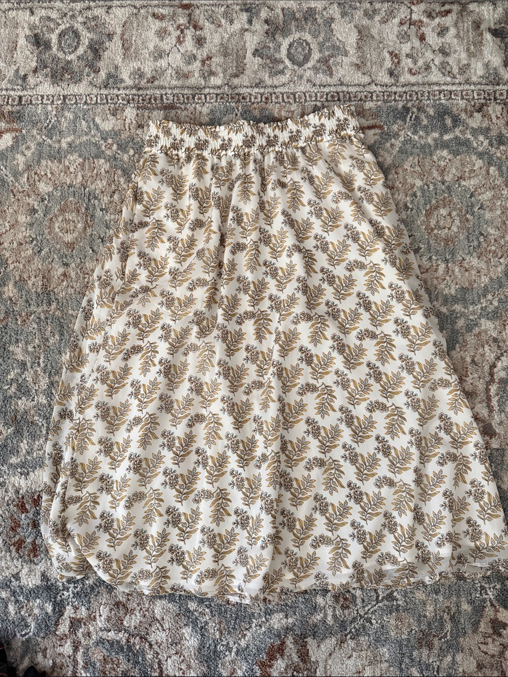 LOFT Cream Midi Skirt with Gold Leaf Print
